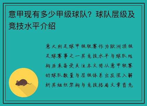 意甲现有多少甲级球队？球队层级及竞技水平介绍
