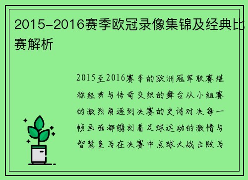 2015-2016赛季欧冠录像集锦及经典比赛解析